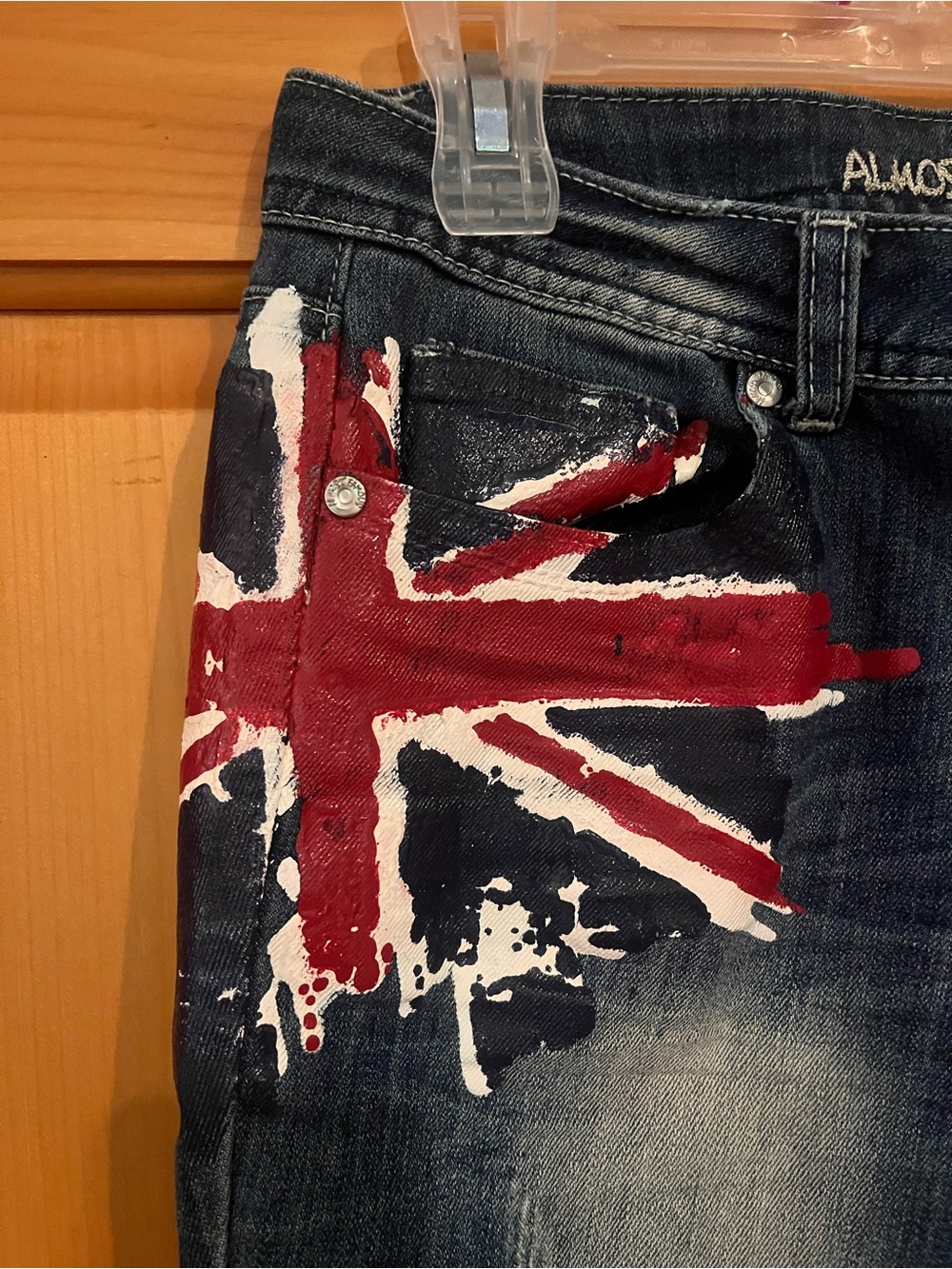 Almost Famous Dark Blue Skinny Jeans with Red & White Flag Accent - Picture 2 of 10